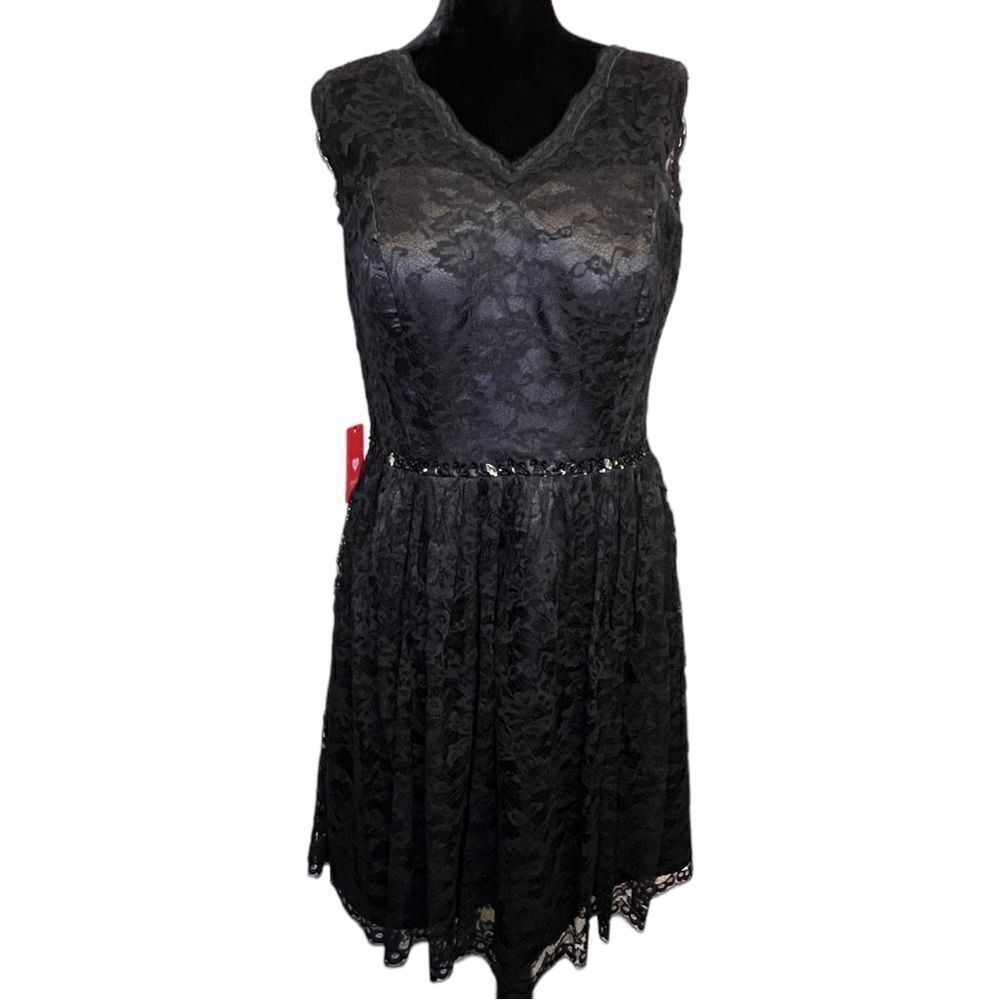 NWT JJs House Black Lace Floral Overlay V-Neck Sleeveless Beaded A-Line Dress 14